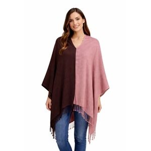 Reversible Ombre Poncho Shawl Wrap Fringe Pink Brown Ruana Cape One Size